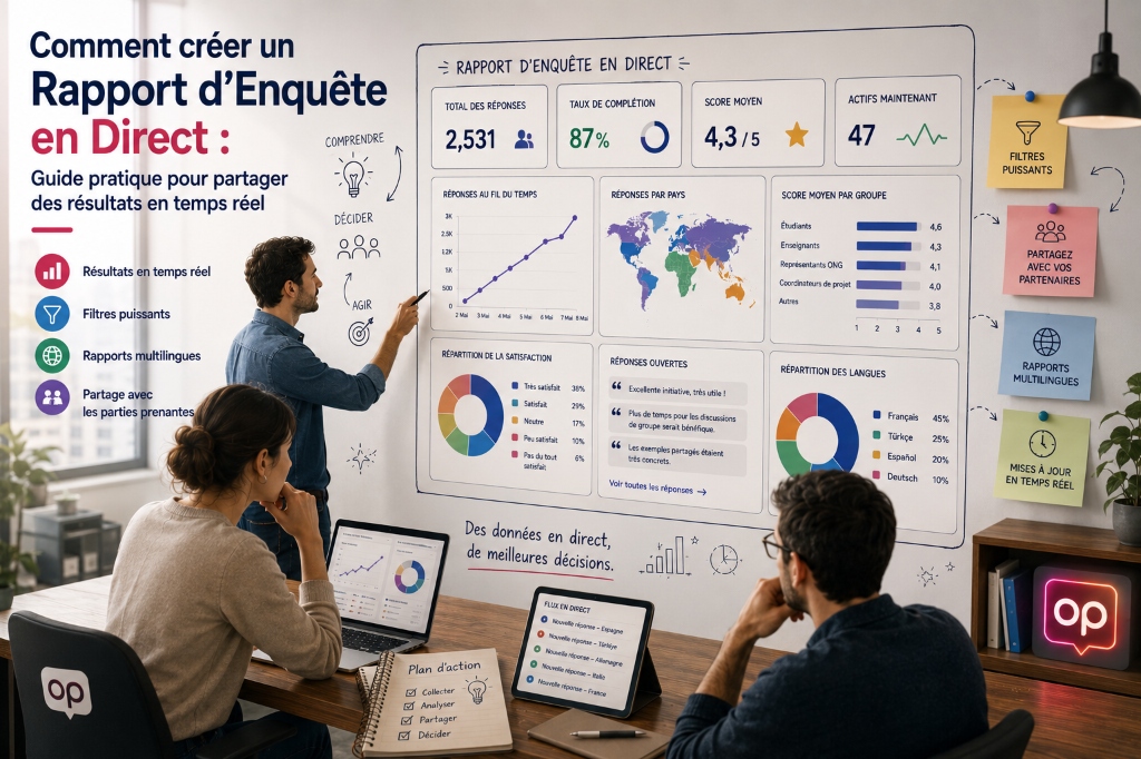 Une image de couverture Ă©ditoriale moderne montrant une Ă©quipe de professionnels examinant un grand tableau de bord interactif 'Rapport d'EnquĂȘte en Direct' avec des donnĂ©es en temps rĂ©el et des mĂ©triques de satisfaction.