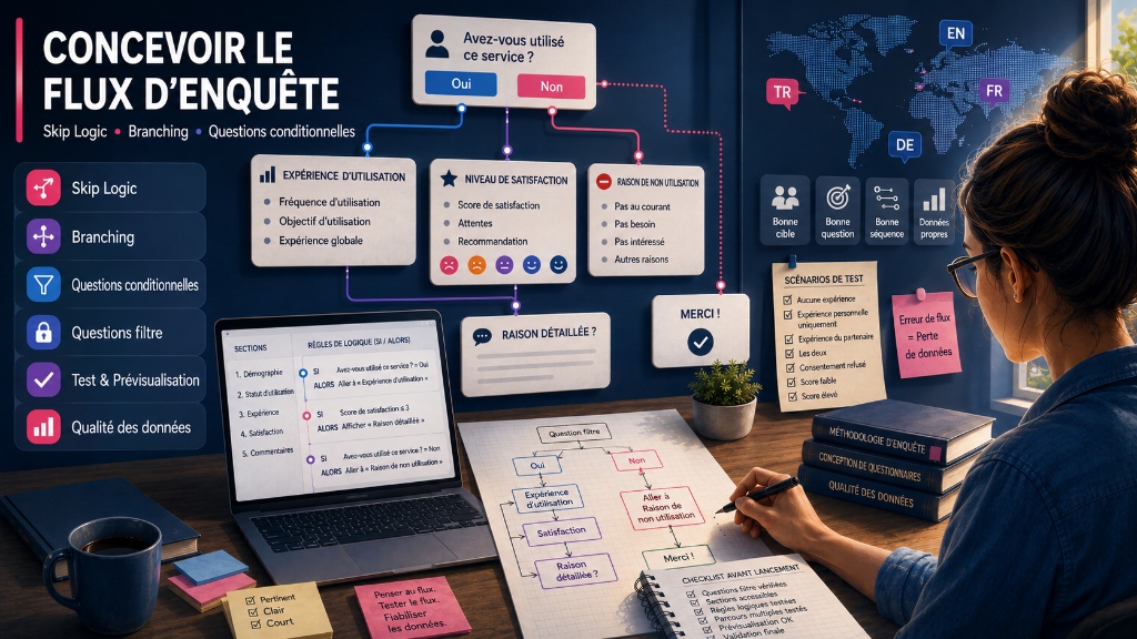Conception du flux d'enquĂȘte : un organigramme montrant l'impact du skip logic, du branchement et des questions conditionnelles sur la qualitĂ© de la recherche.
