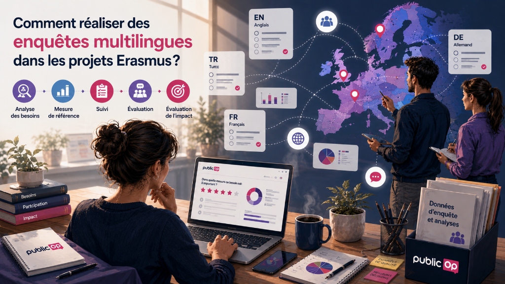 Visuel de recherche montrant l'utilisation d'enquĂȘtes multilingues dans les projets Erasmus pour l'analyse des besoins, le suivi et l'Ă©valuation de l'impact.